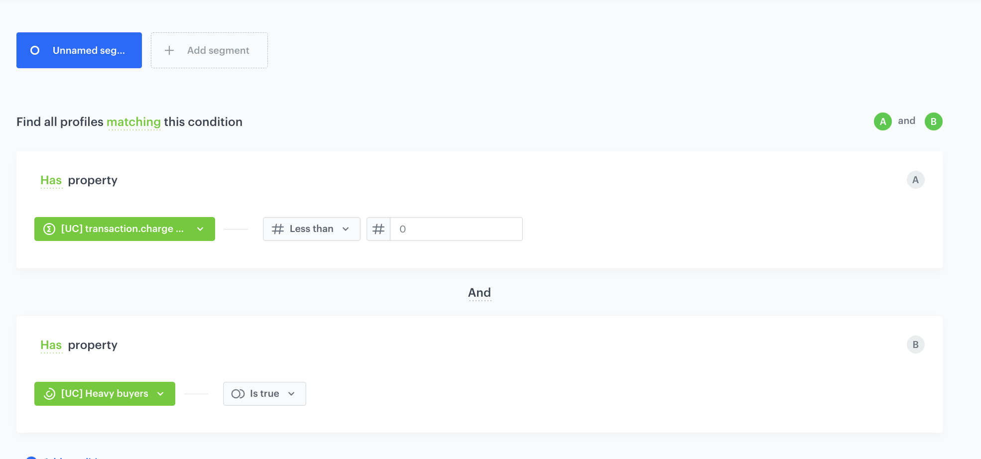 Decision Hub segmentation configured to include heavy buyers with the lowest current transaction count