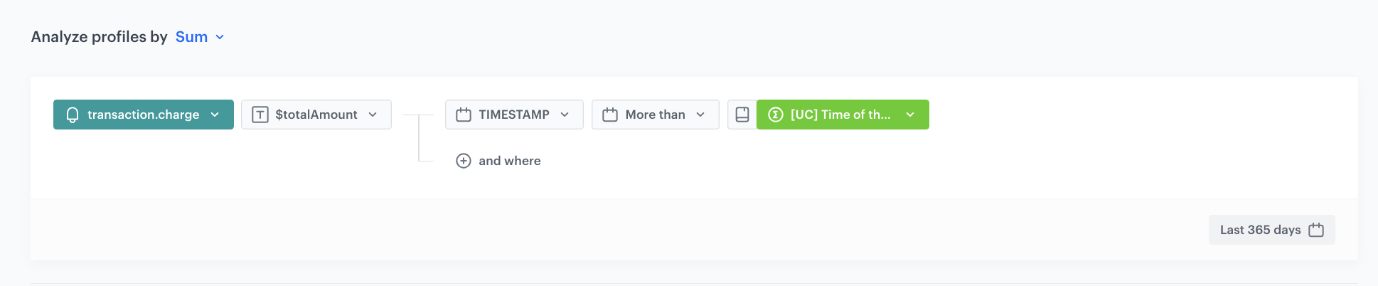 Decision Hub Sum aggregate counting total transaction.charge value since joining the loyalty program over the last 365 days