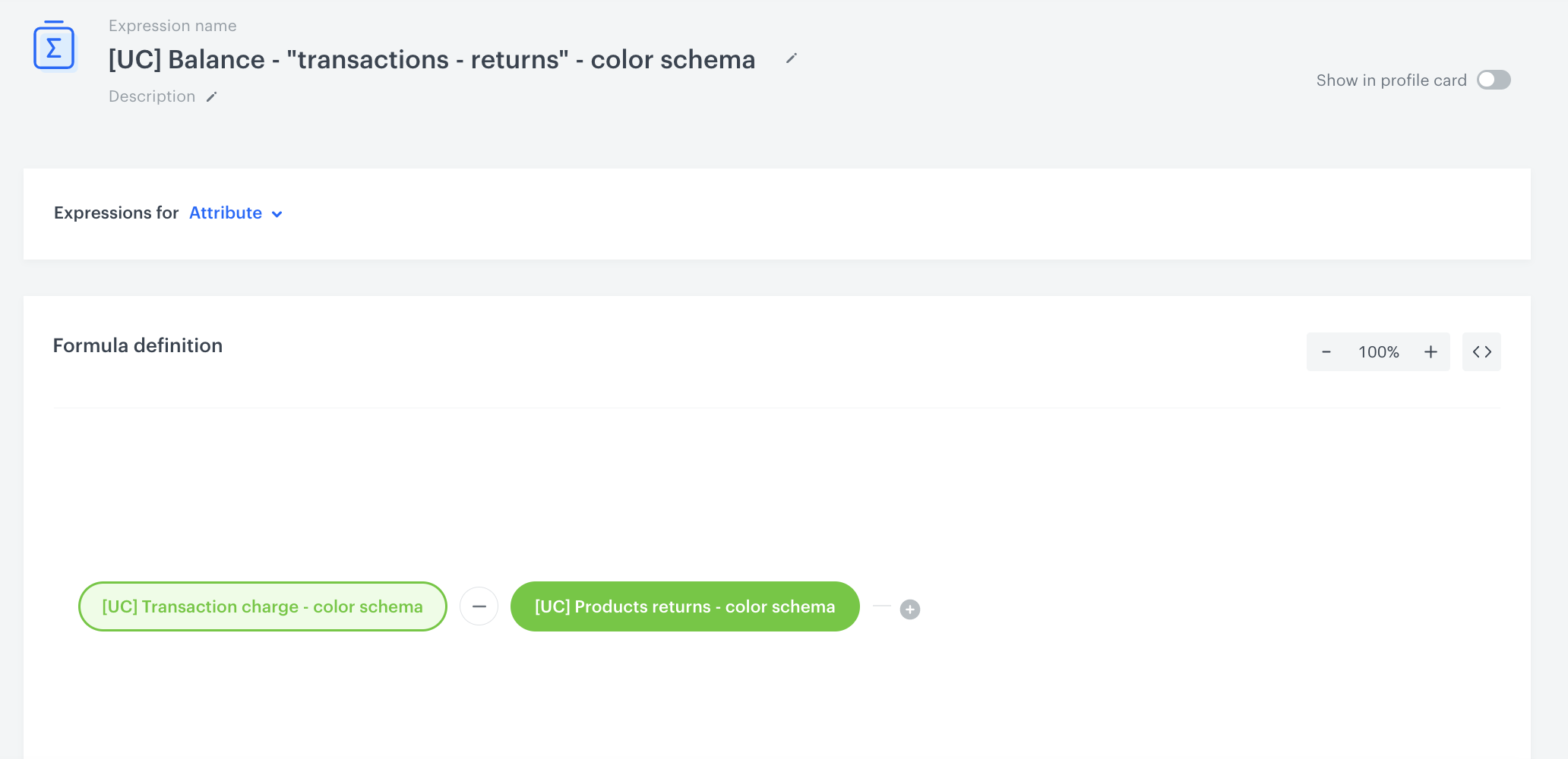 Behavioral Data Hub expression formula calculating loyalty account balance from transactions and returns