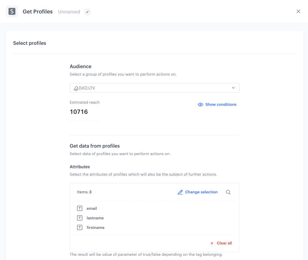 Automation Hub Get Profiles node selecting LTV prediction segmentation with name, lastname, and email attributes