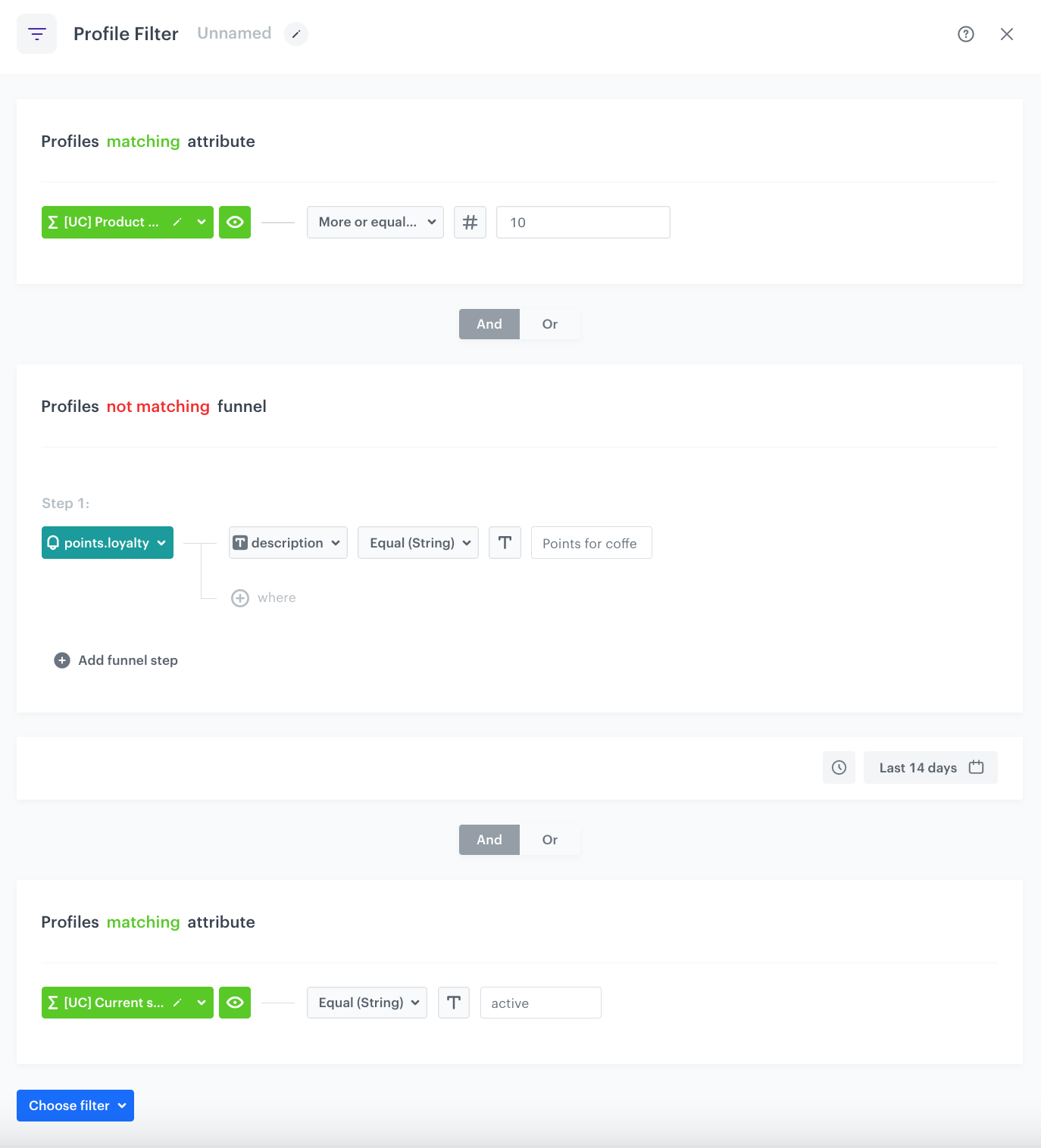 Automation Hub Profile Filter node excluding customers who already received the points promotion in the last 14 days and checking active membership status