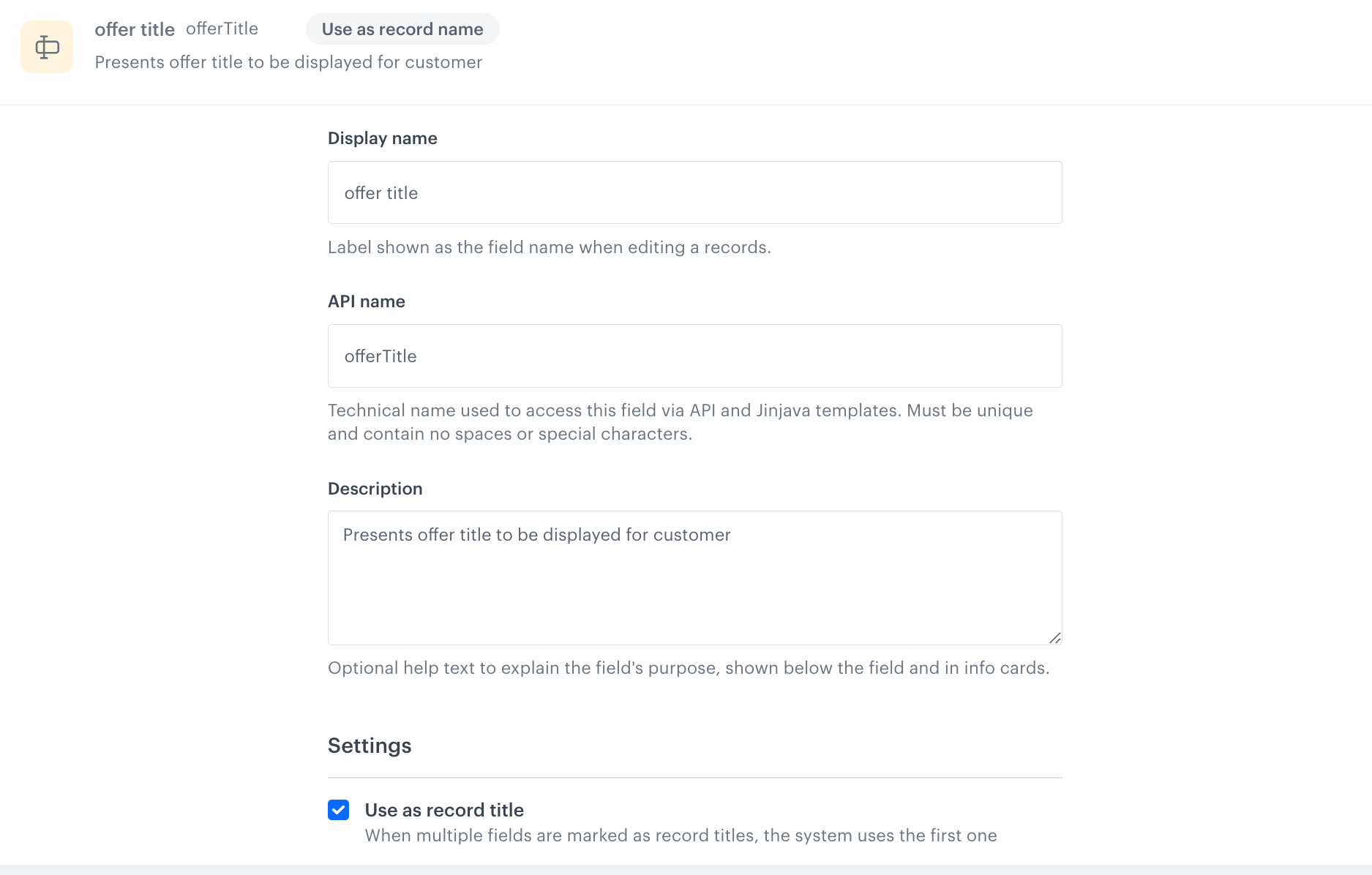 Brickworks schema field configuration showing Offer title string field