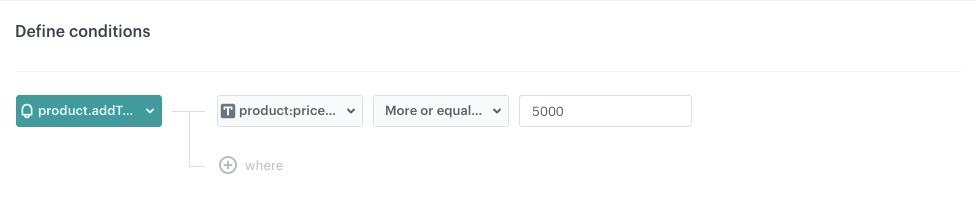 Automation Hub Profile Event node configured with product.addToCart event filtered by minimum item price