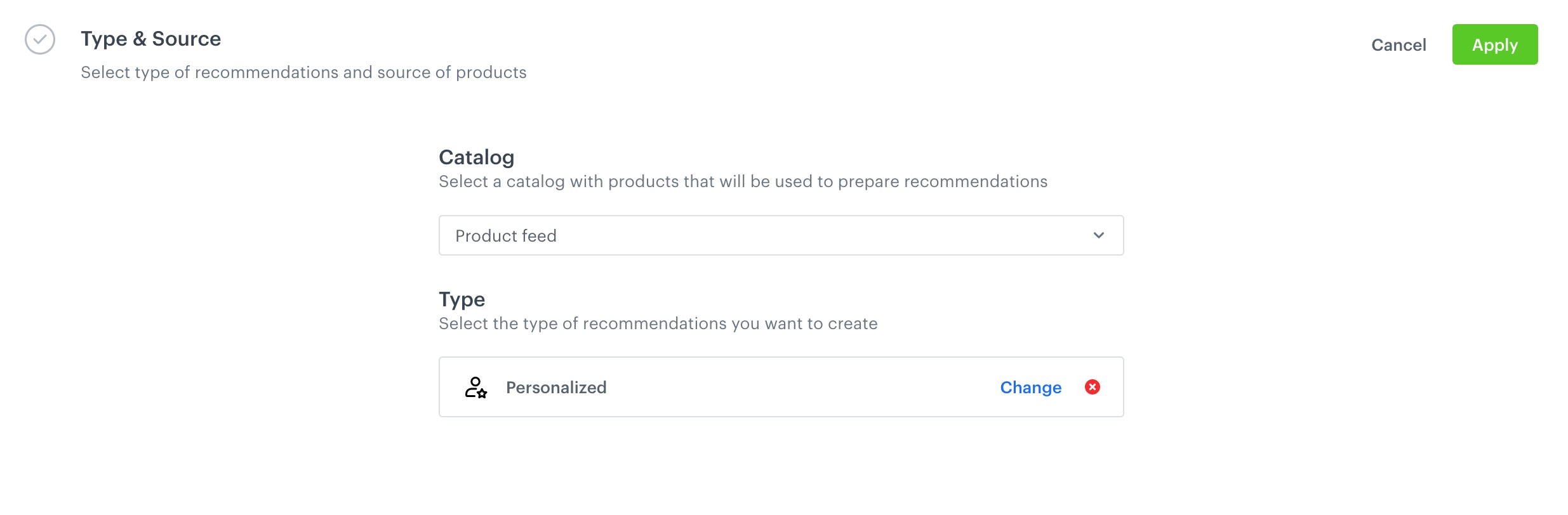 AI Hub recommendation model Type and Items feed section with Personalized recommendation type selected