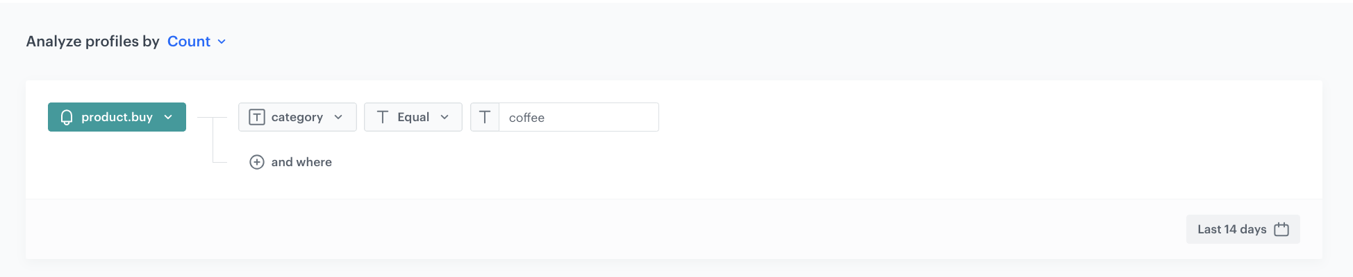Decision Hub Count aggregate returning the number of product.buy events from the coffee category in the last 14 days