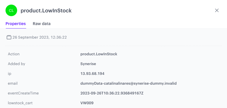 Example of a generated product.LowInStock event with lowstock_cart parameter