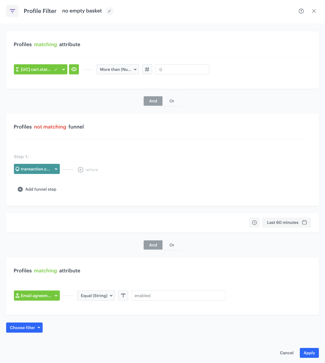 Automation Hub Profile Filter node checking for non-empty basket, no recent transaction, and newsletter agreement