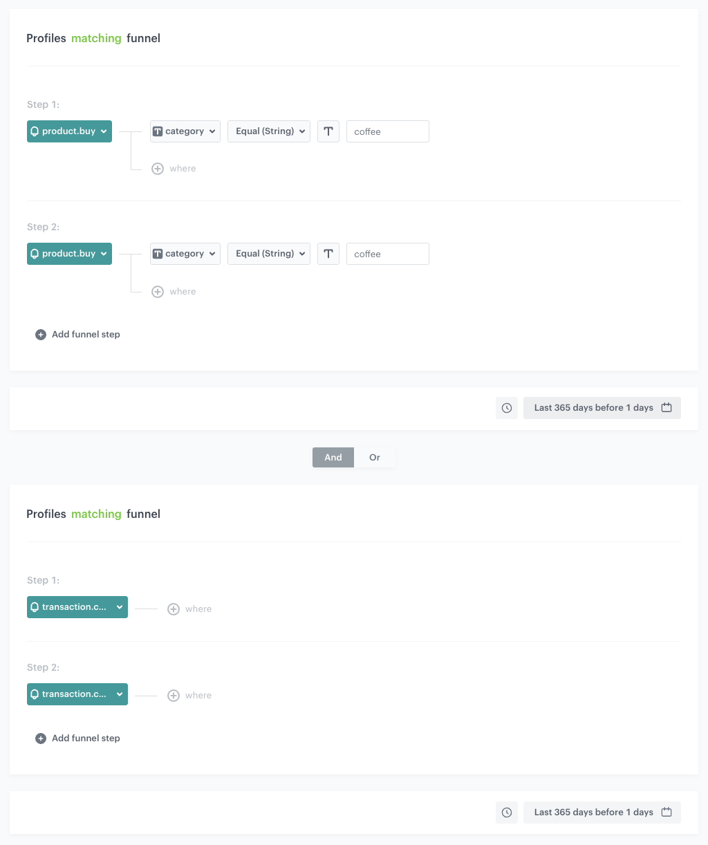Automation Hub Profile Filter node with funnel checking at least three coffee category purchases and transaction events in the last 365 days