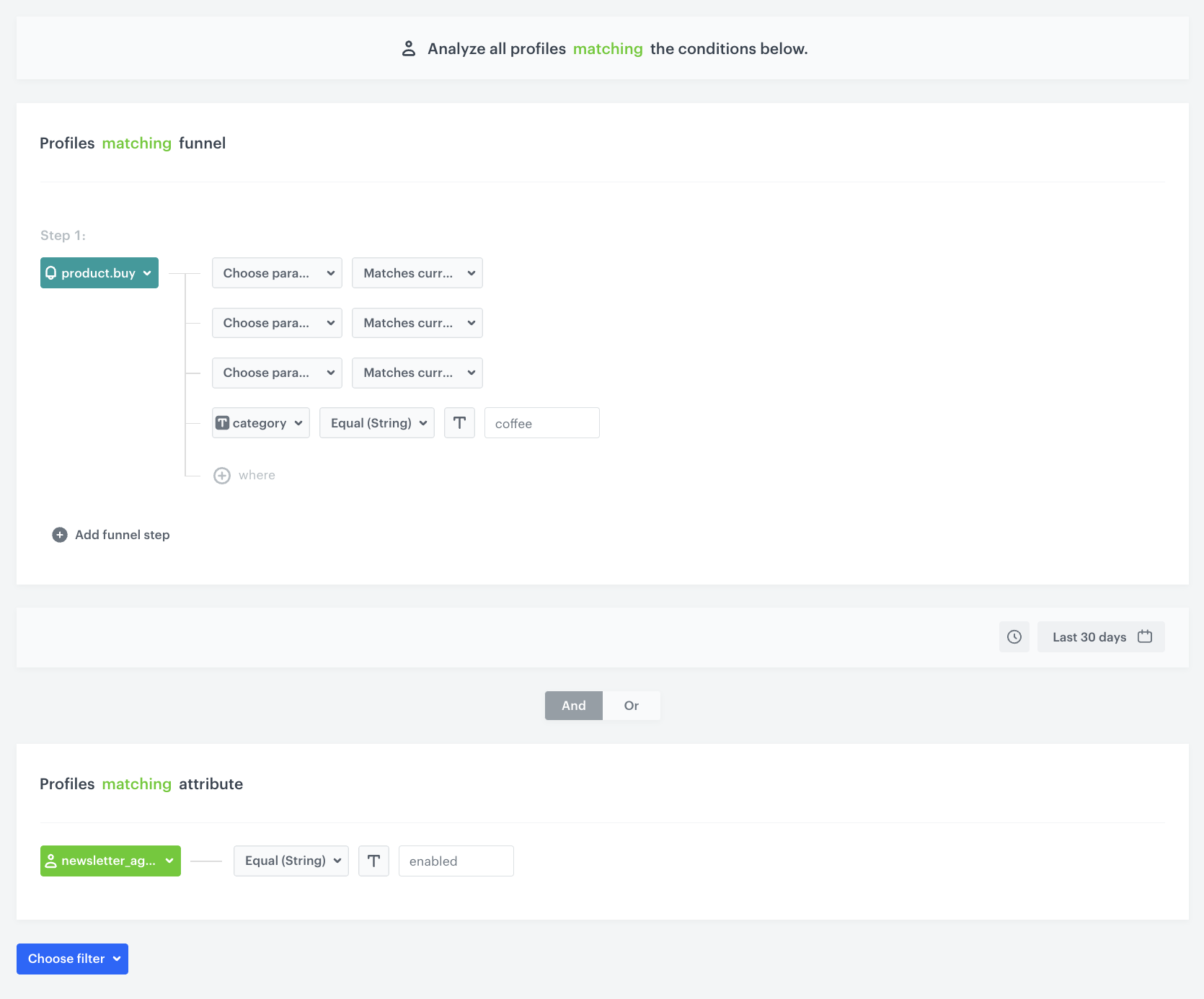 Automation Hub Profile Filter node configuration with purchase prediction, category, and newsletter conditions