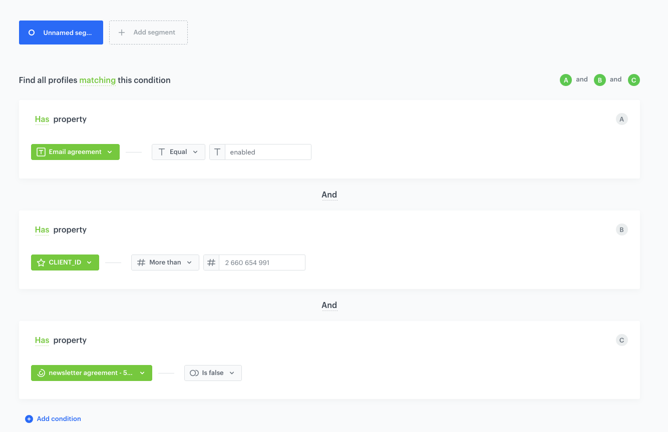 Decision Hub segmentation configuration for 1250 customers with email marketing agreement