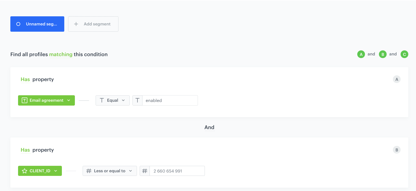 Decision Hub segmentation configuration for the first 500 customers with email marketing agreement