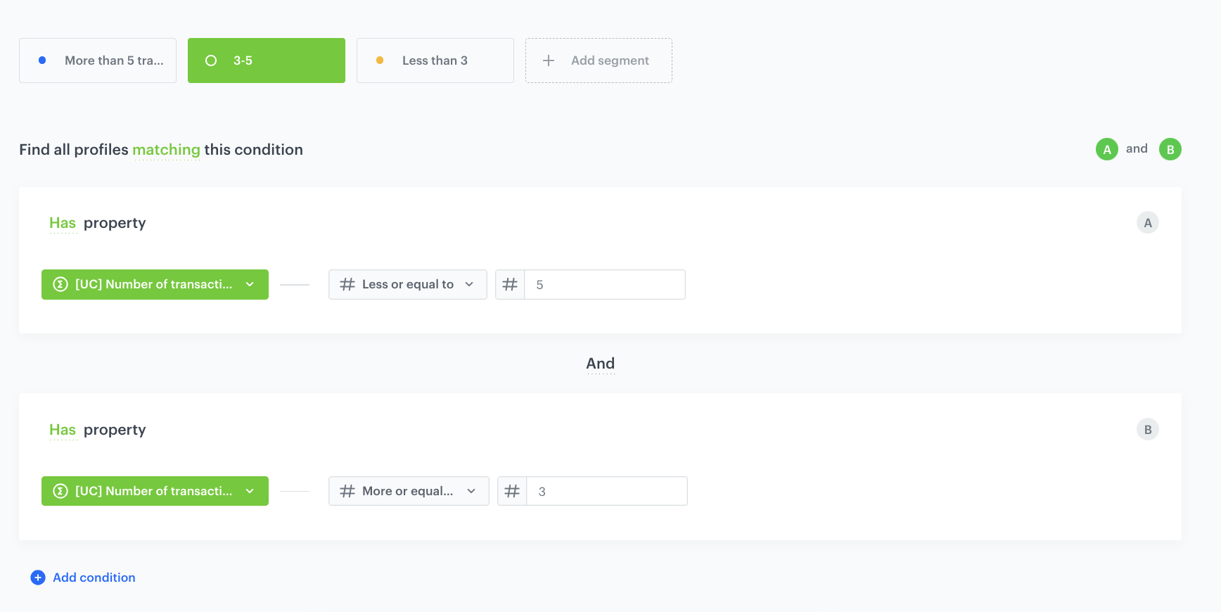 Decision Hub segmentation subsegment filtering customers with between 3 and 5 lifetime transactions using the transaction count aggregate