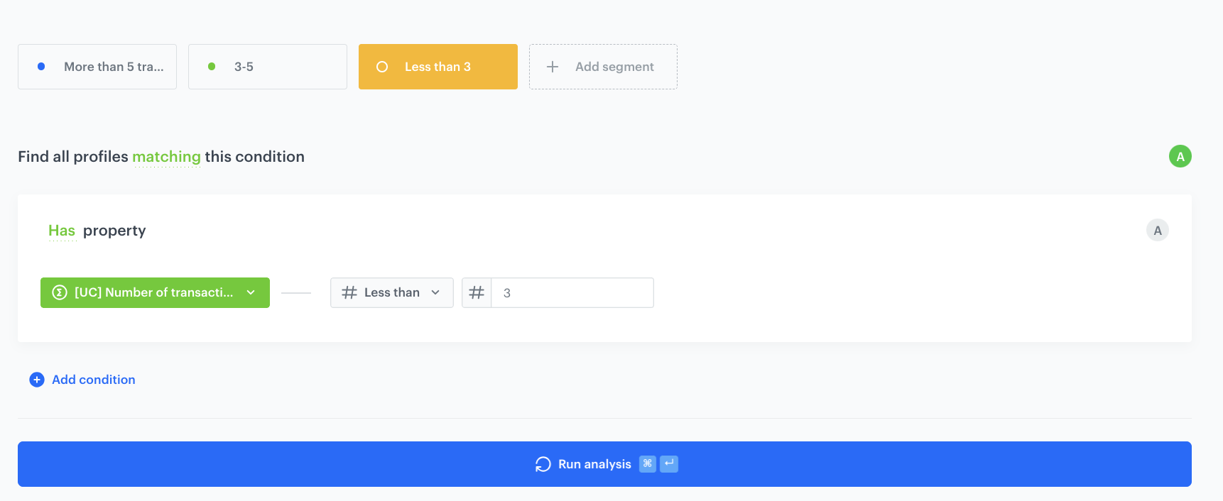 Decision Hub segmentation subsegment filtering customers with fewer than 3 lifetime transactions using the transaction count aggregate