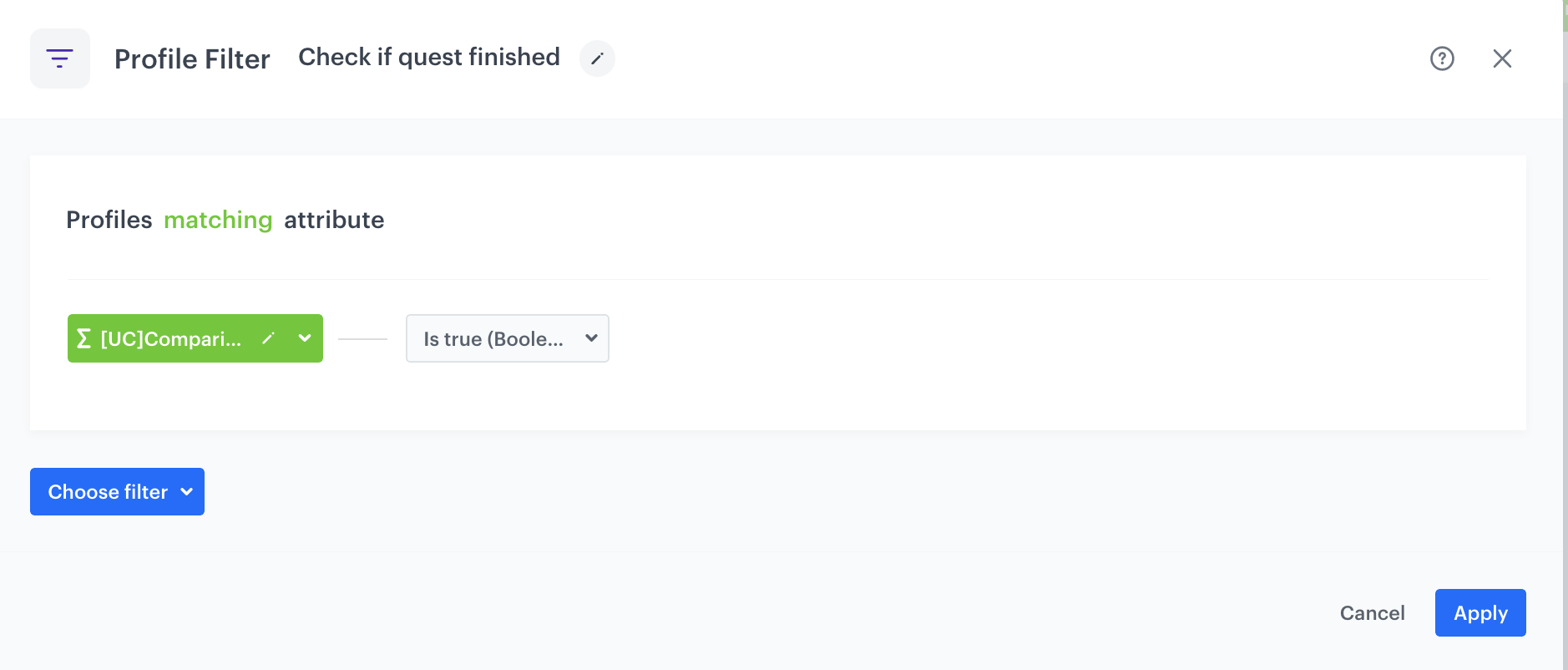 Automation Hub Profile Filter node checking quest completion expression is true