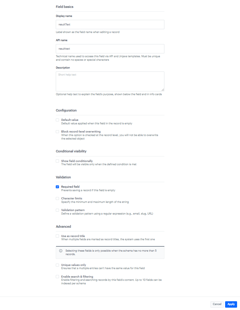 resultText field