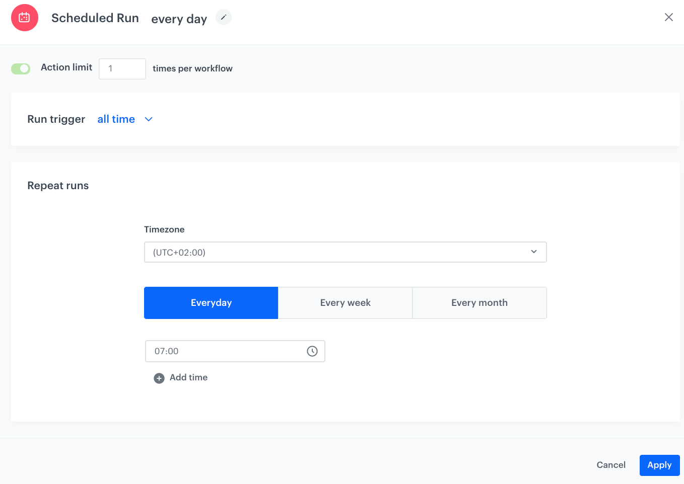 Automation Hub Scheduled Run node configuration for triggering Microsoft Teams integration workflow
