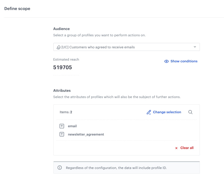 Automation Hub Get Profiles node selecting customers by segmentation with newsletter agreement and email attributes for SFTP export