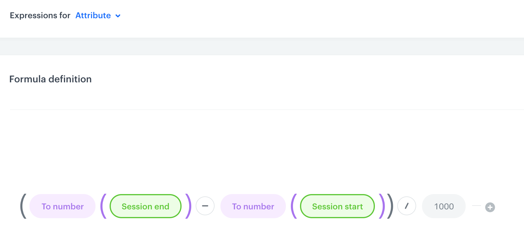 Behavioral Data Hub expression formula calculating session duration by subtracting session start from session end