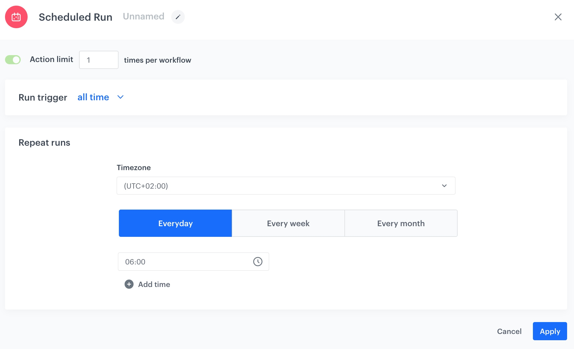 Automation Hub Scheduled Run node configuration for triggering customer data import from SFTP