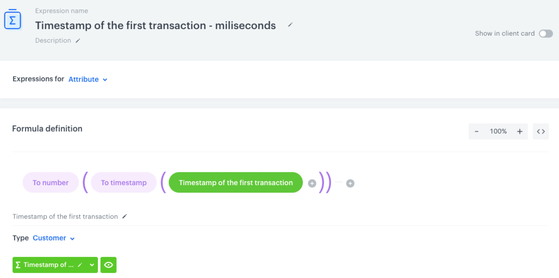 Behavioral Data Hub expression formula converting first transaction timestamp to milliseconds