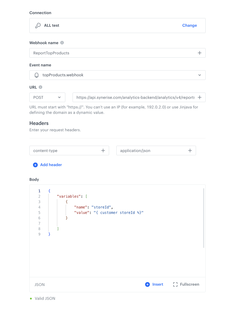 Automation Hub Outgoing Integration node configured as a webhook to trigger Analytics Suite report recalculation