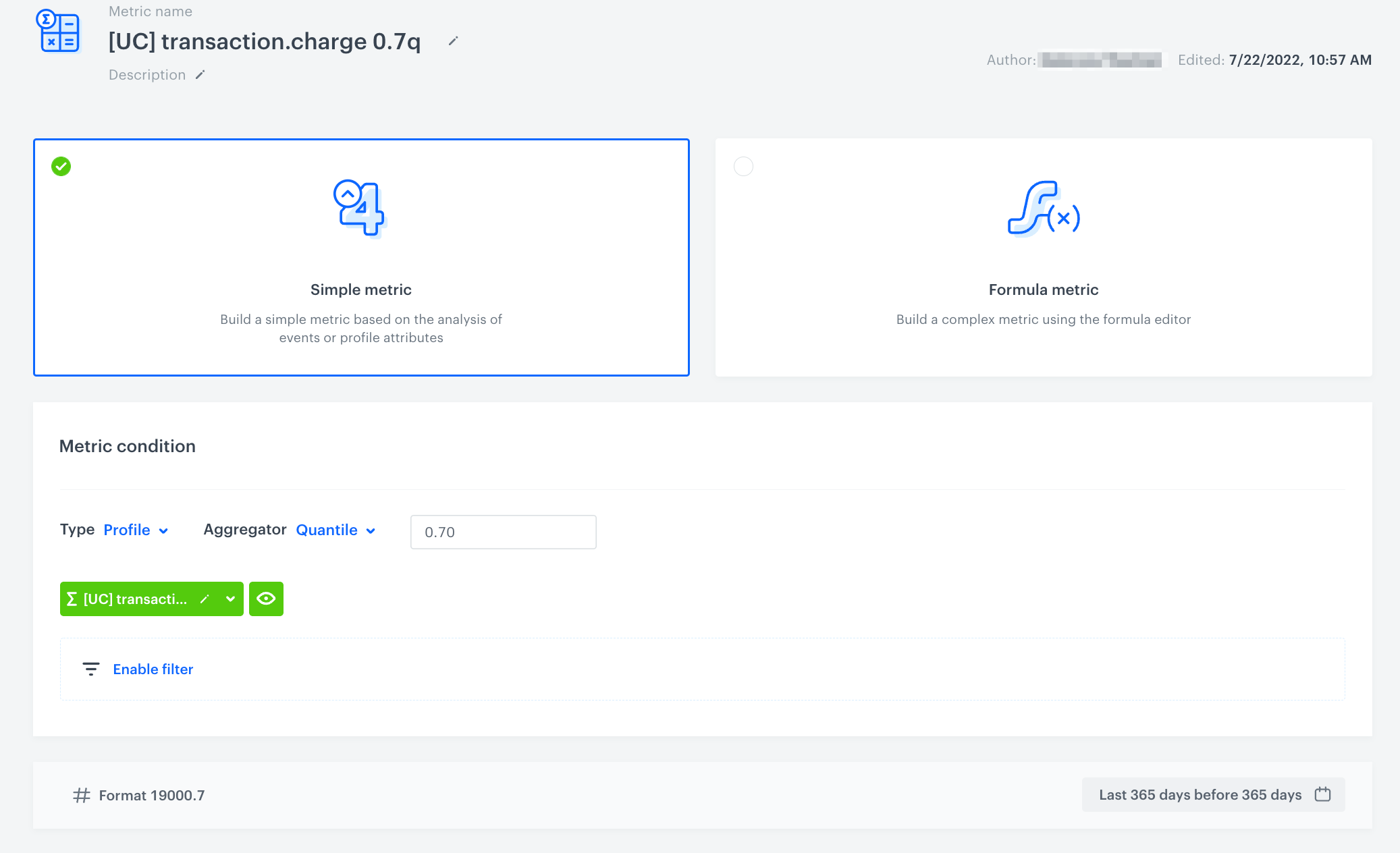 Decision Hub metric configured with 0.7 quantile cutoff for identifying top transaction volume customers
