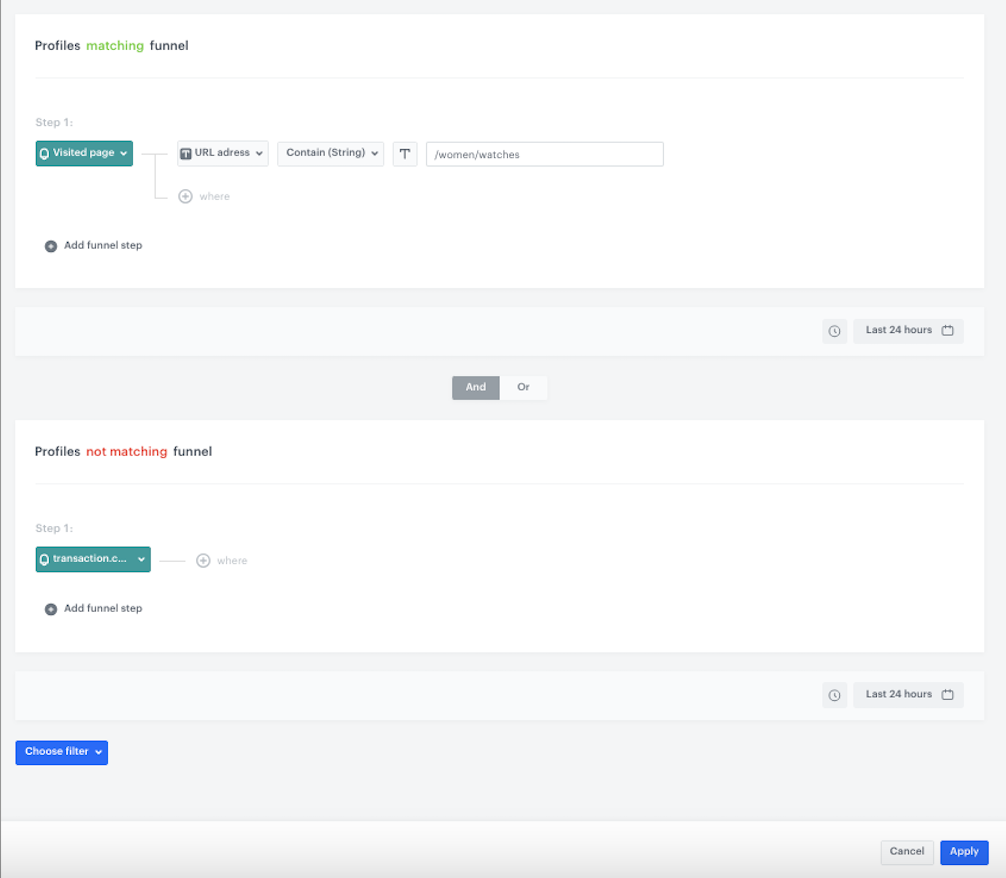 Automation Hub Audience node configuration with page visit and no recent transaction conditions