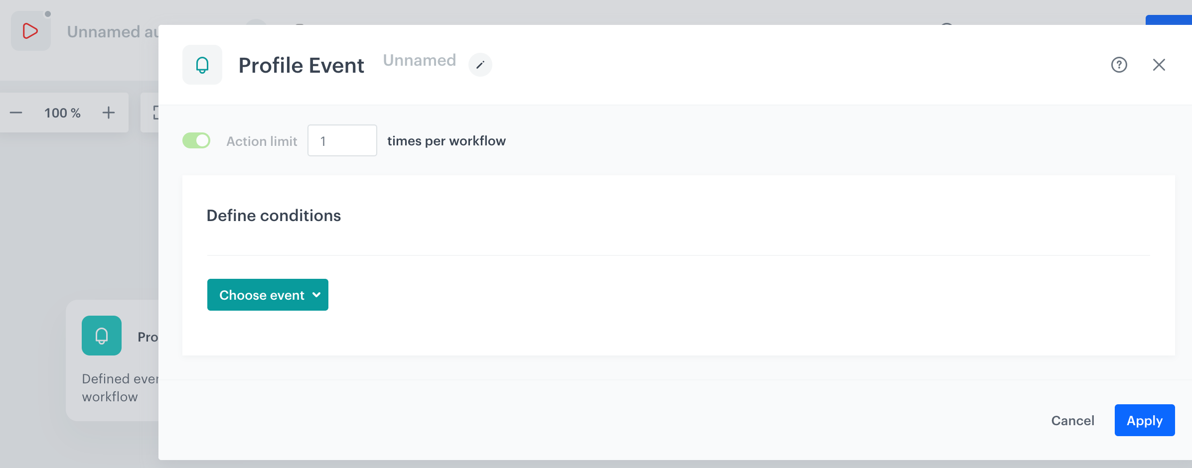 Automation Hub Profile Event node configuration form showing event selection settings