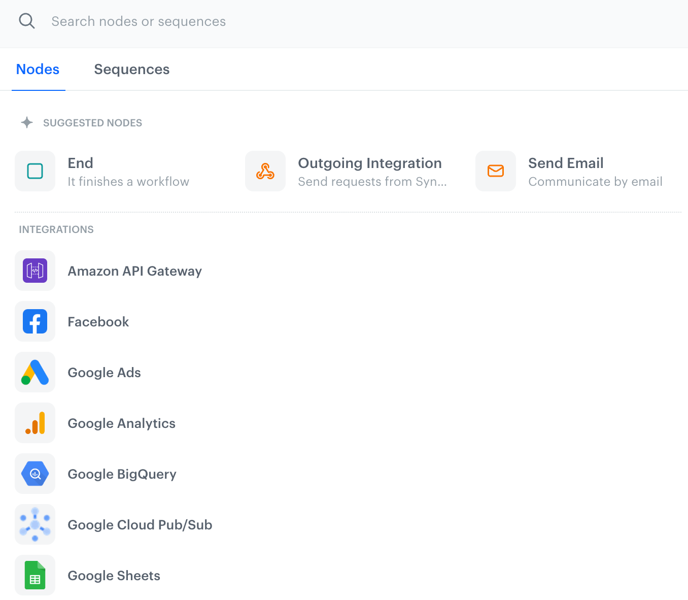 The node picker with Nodes and Sequences tabs, showing Suggested Nodes and Integrations categories