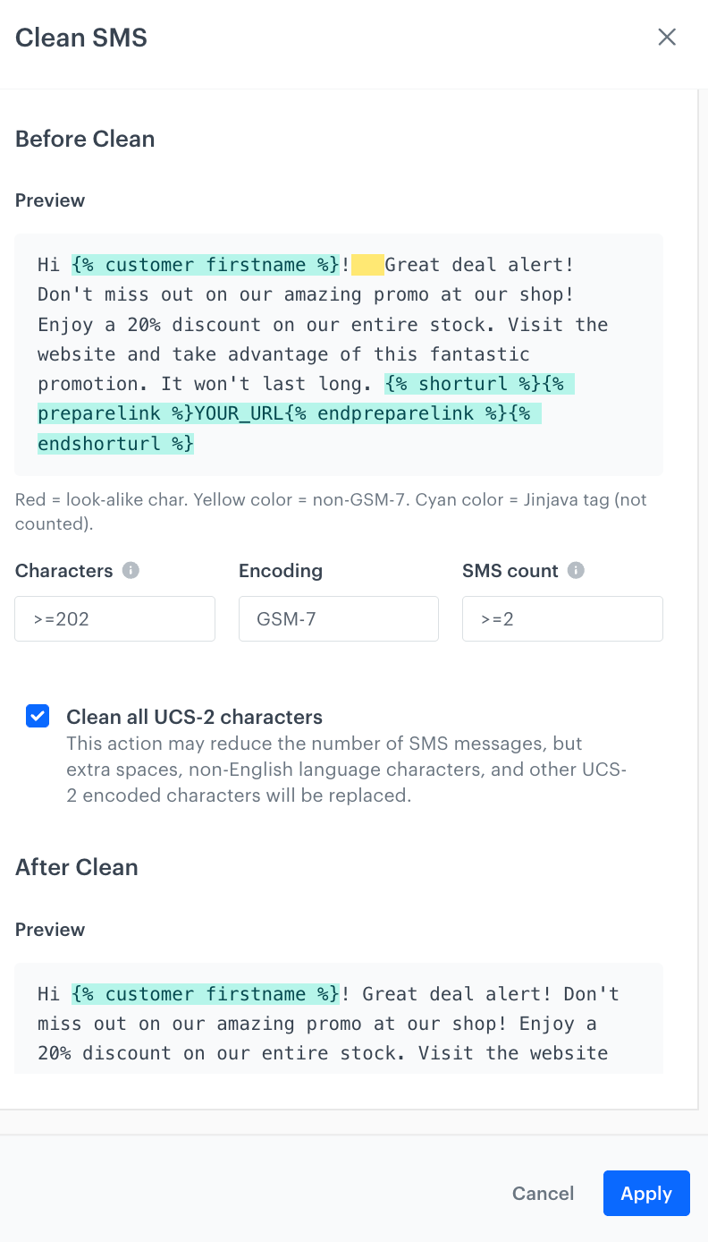 Clean SMS modal showing a Before Clean preview with UCS-2 encoding and 2 SMS segments, and an After Clean preview with GSM-7 encoding and 1 SMS segment after replacing non-GSM-7 characters