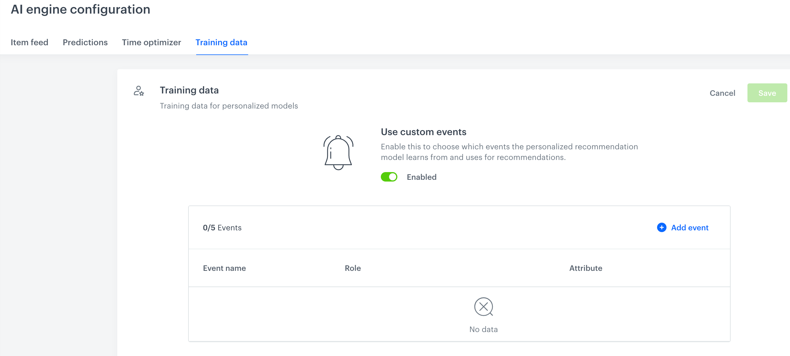 Training data tab in AI engine configuration with the Use custom events toggle enabled and an empty events table