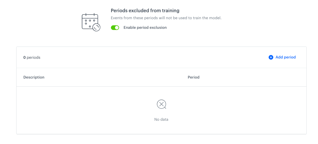 Training data tab in AI engine configuration with the Enable period exclusion toggle enabled and an empty periods table