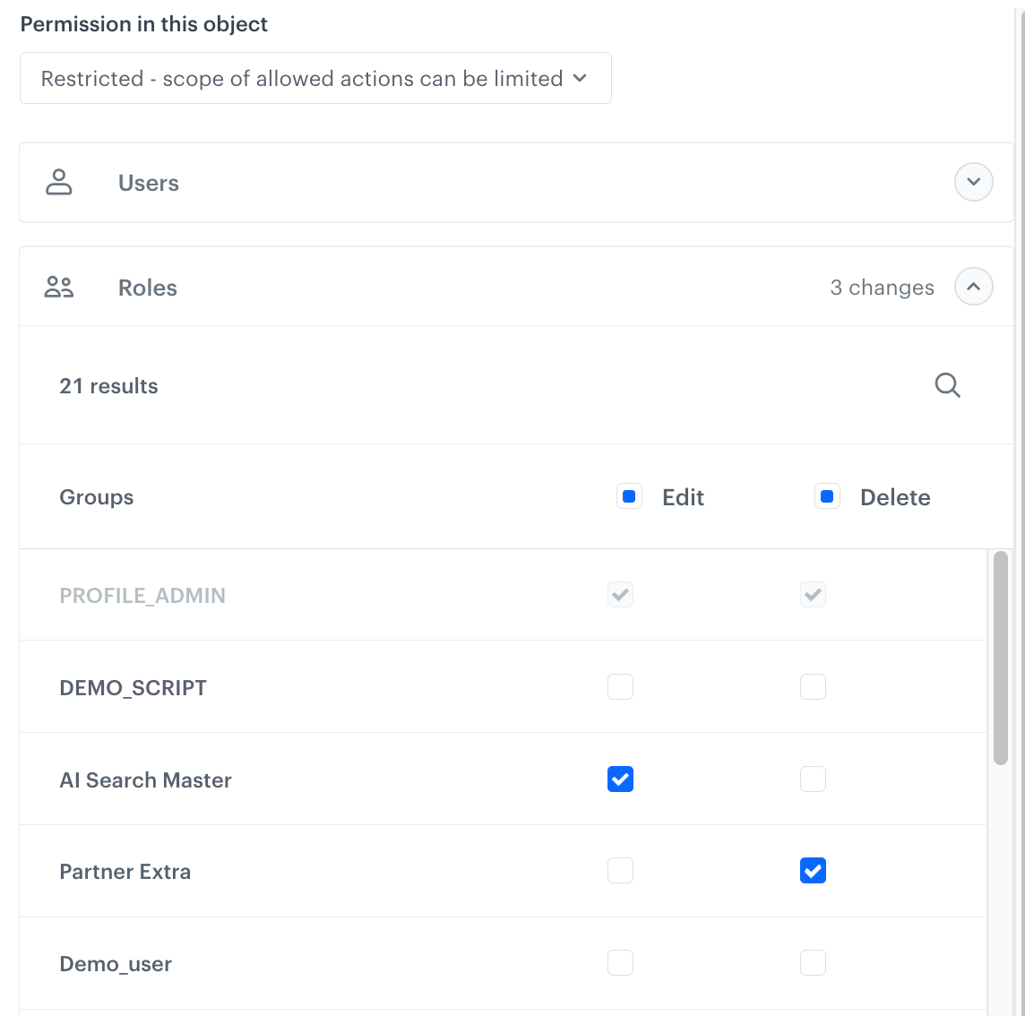 Selecting permissions for roles; an example with unsaved changes