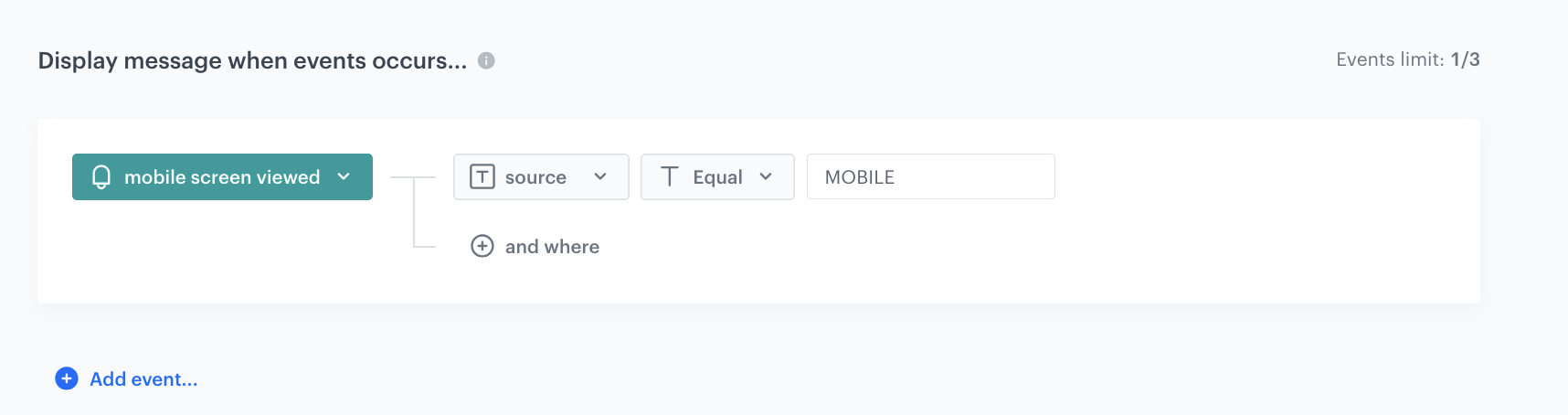 In-app message trigger configured with screen.view event filtered by MOBILE source