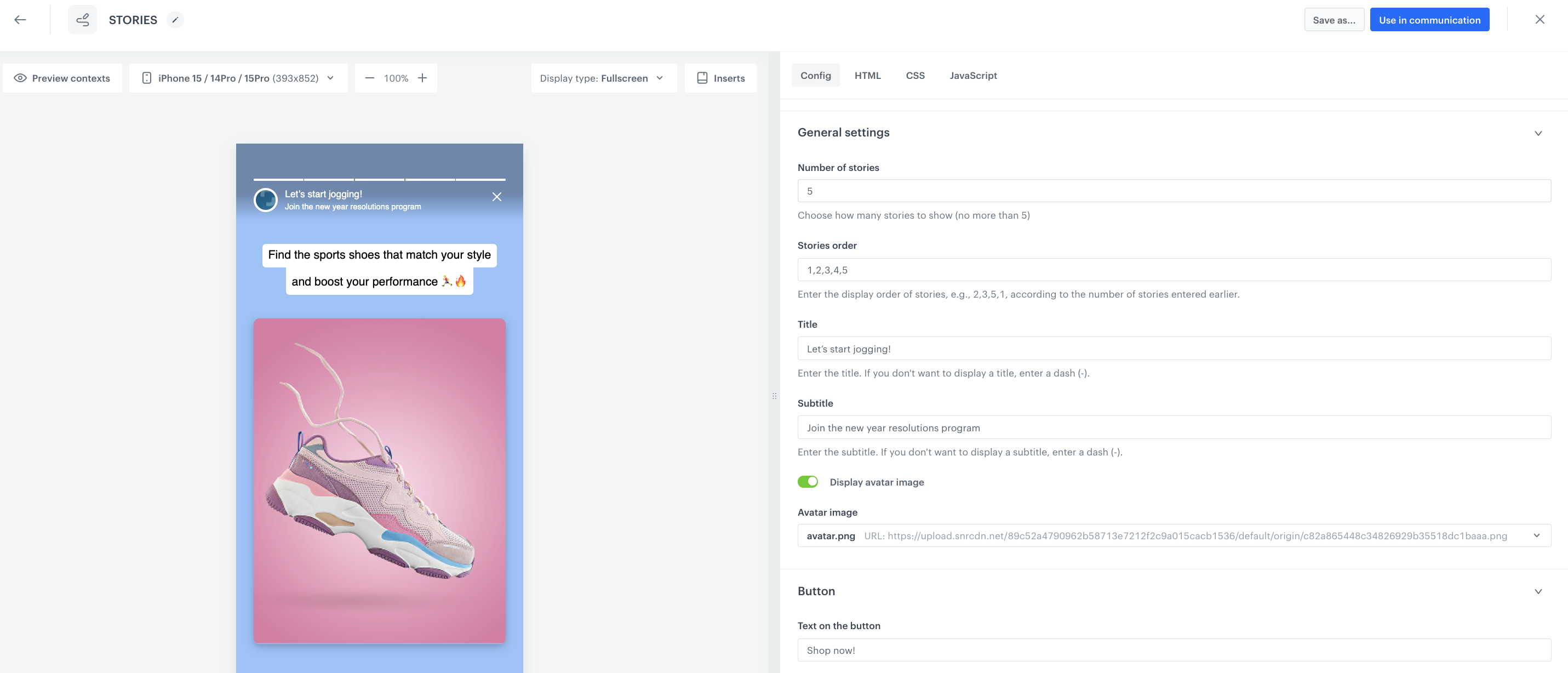 In-app stories message Config tab with slide and general settings