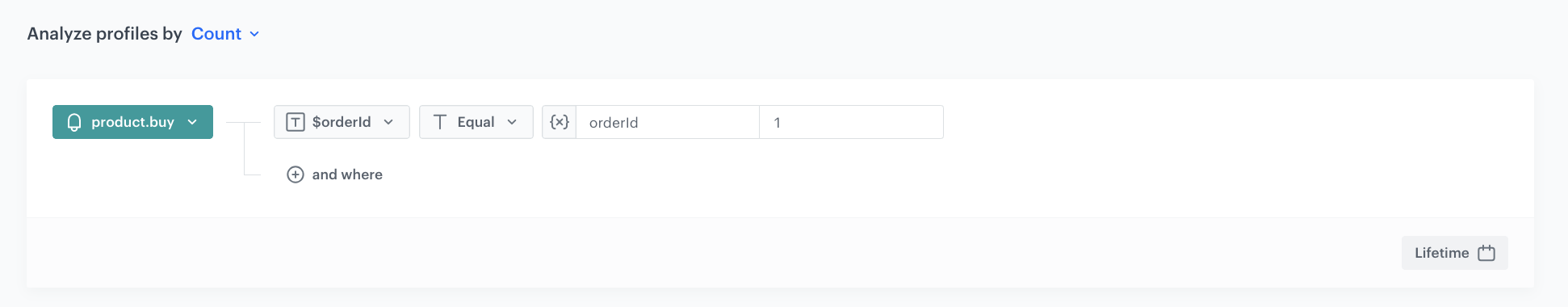 Decision Hub Count aggregate returning the number of product.buy events in a single transaction filtered by orderId dynamic key