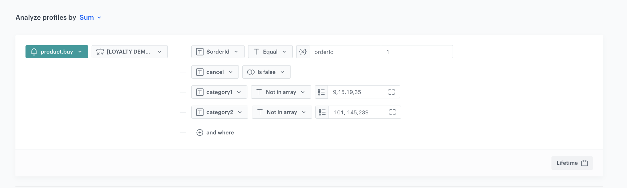 Decision Hub Sum aggregate counting money spent on each product within a transaction, excluding cancelled items and specified product categories