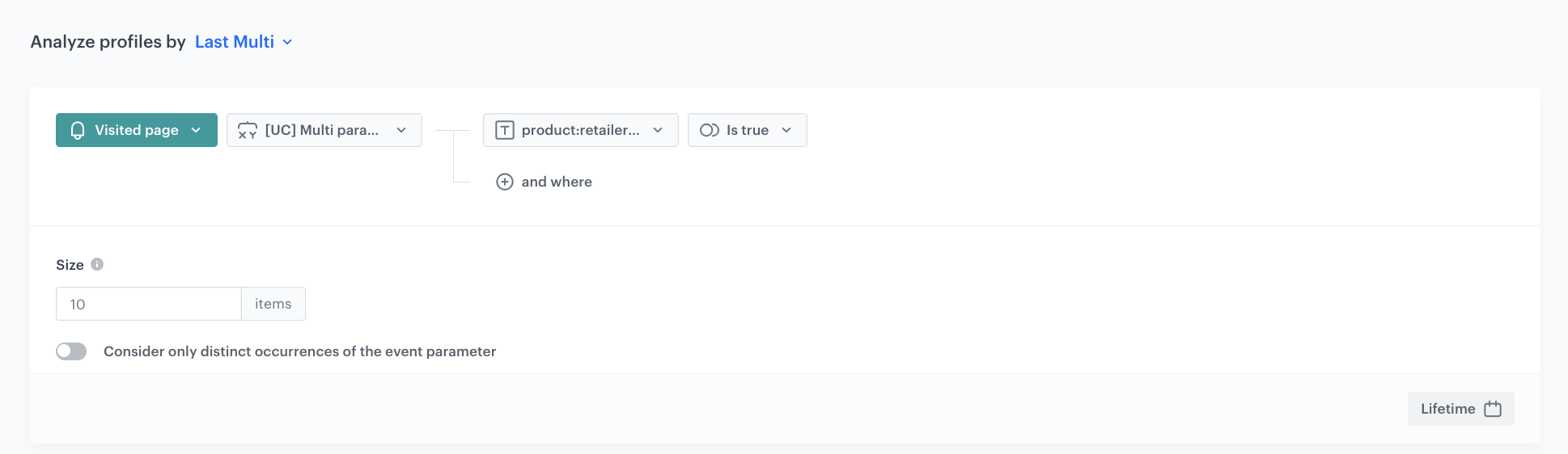 Decision Hub Last Multi aggregate returning the last 10 page.visit events using a combined SKU and price expression parameter over a customer's lifetime
