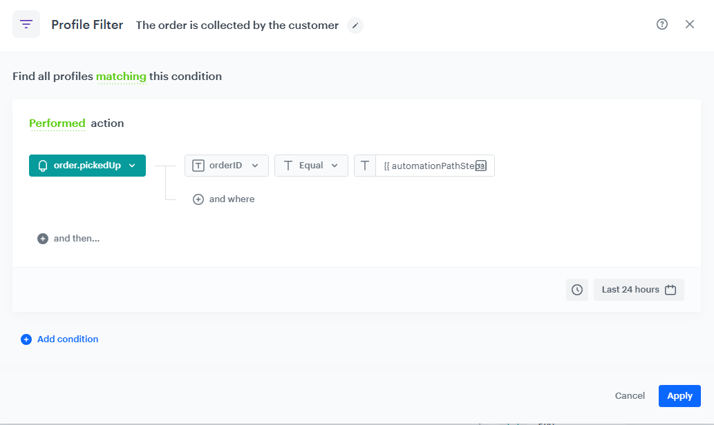 Automation Hub Profile Filter node configured to check if order was picked up