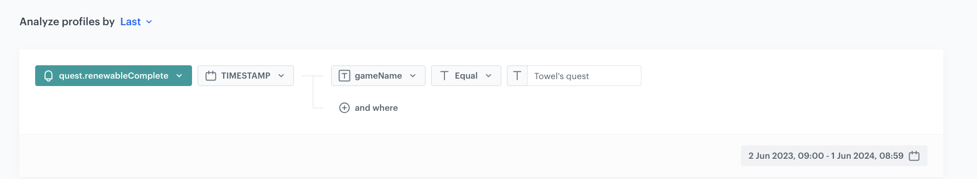 Decision Hub Last aggregate returning the TIMESTAMP of the last quest.renewableComplete event for Towel's quest in a custom date range