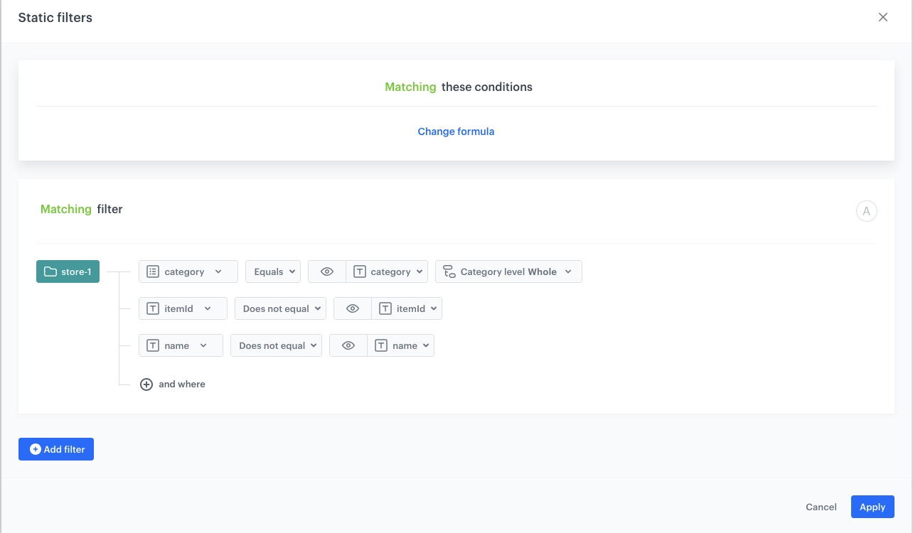 AI Hub recommendation static filter showing items in the same category and categoryId as the currently viewed product, excluding items with the same title or ID