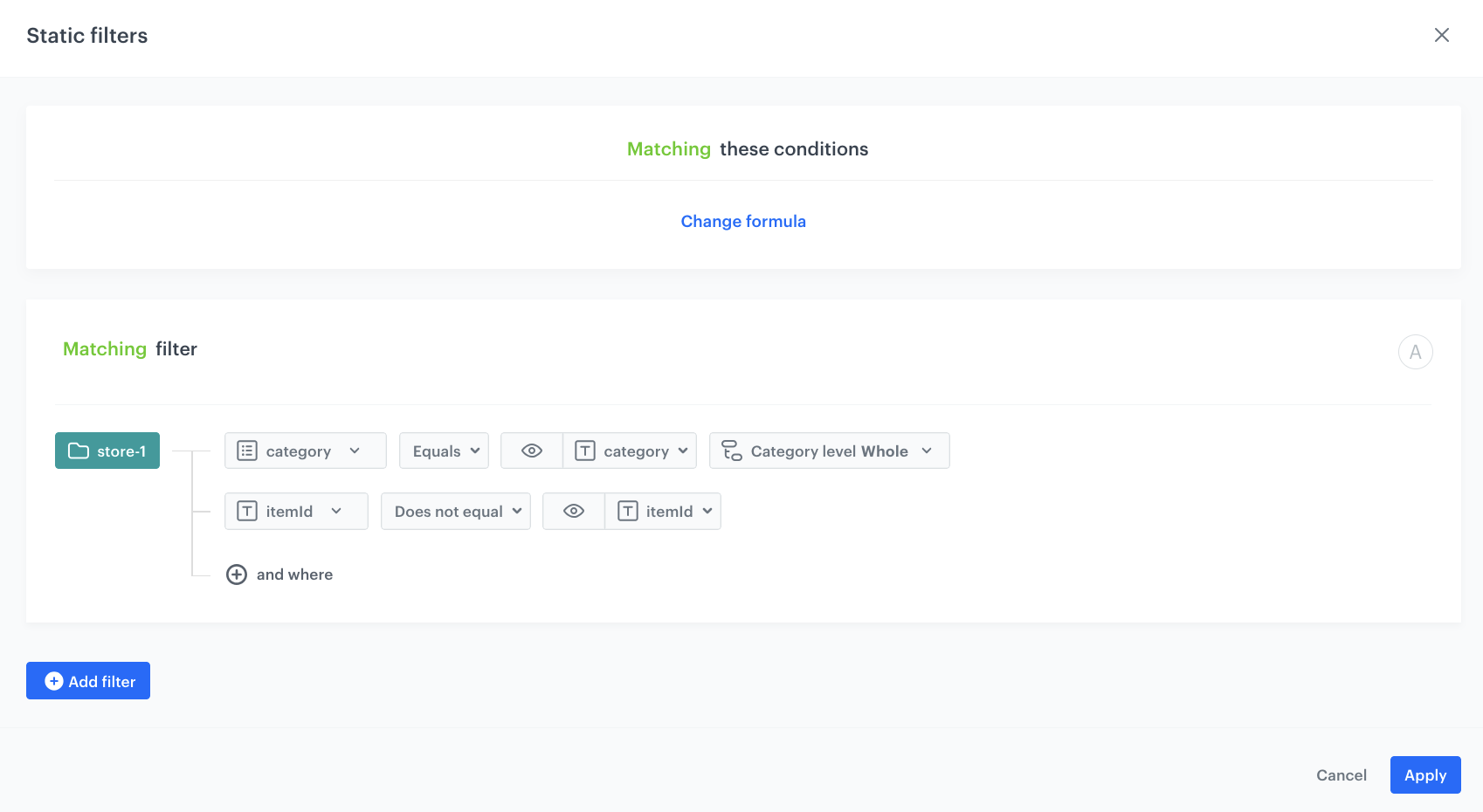AI Hub recommendation static filter showing items in the same category as the currently viewed product while excluding the current product