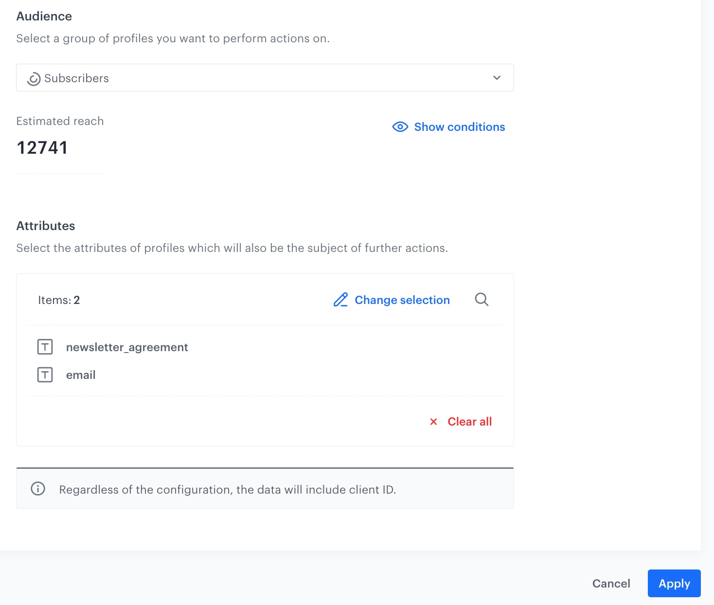 Automation Hub Get Profiles node selecting customers by segmentation with newsletter agreement and email attributes for external service synchronization