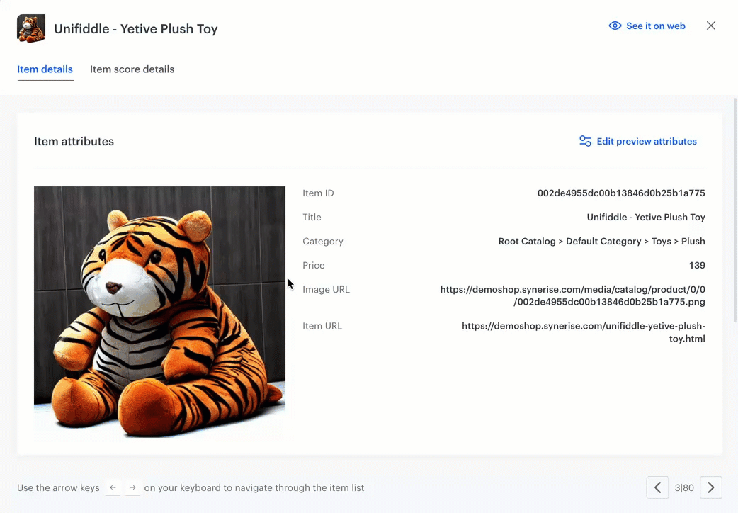 A preview of item details returned in search results