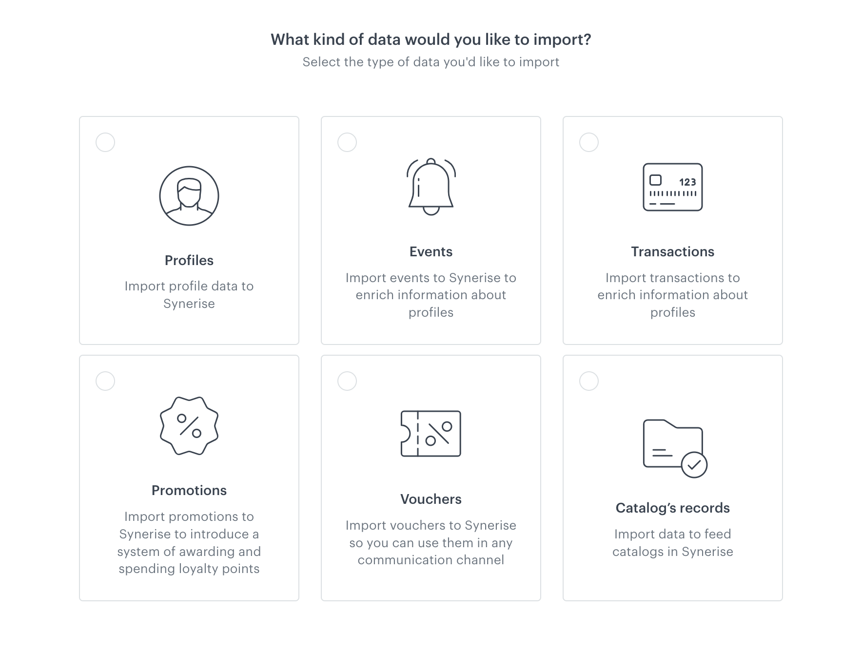 The modal with selecting the type of data to import