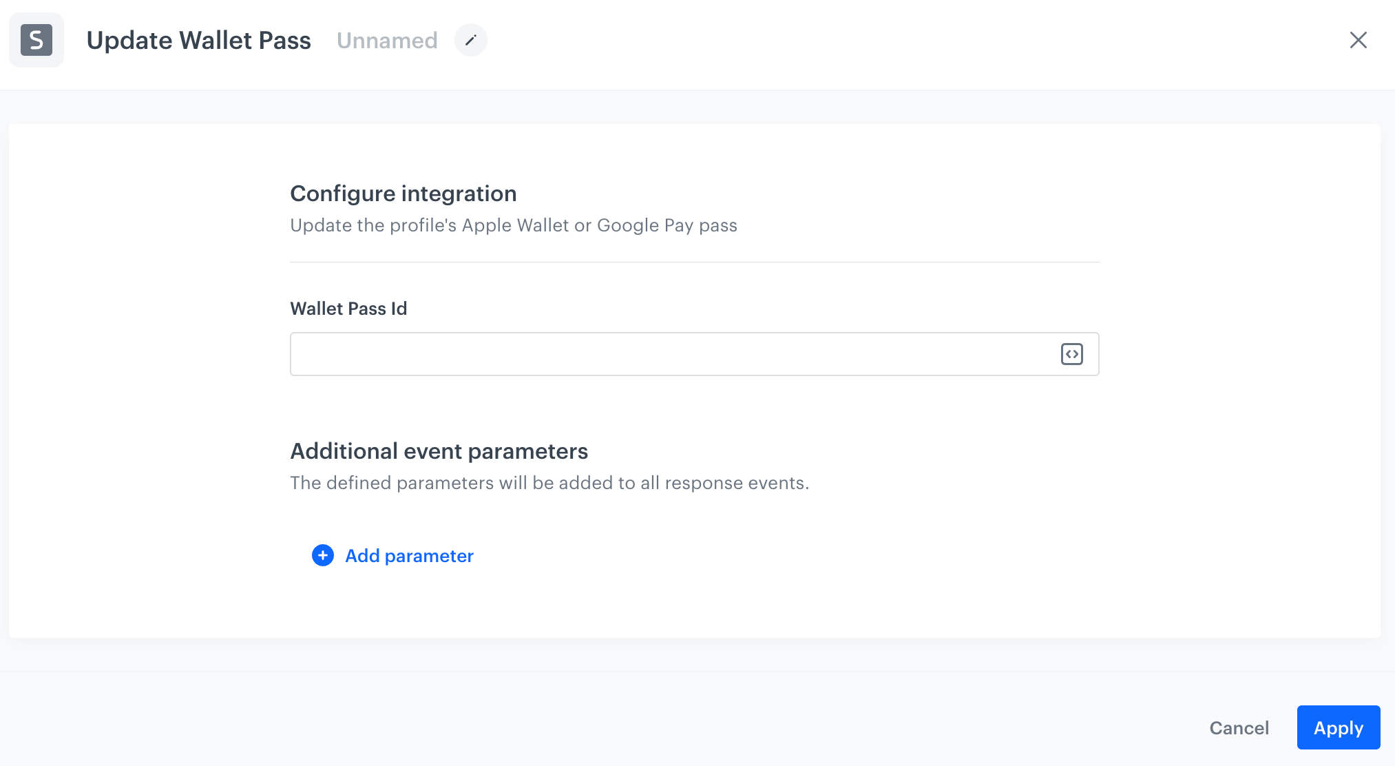 A blank Update Wallet Pass node configuration