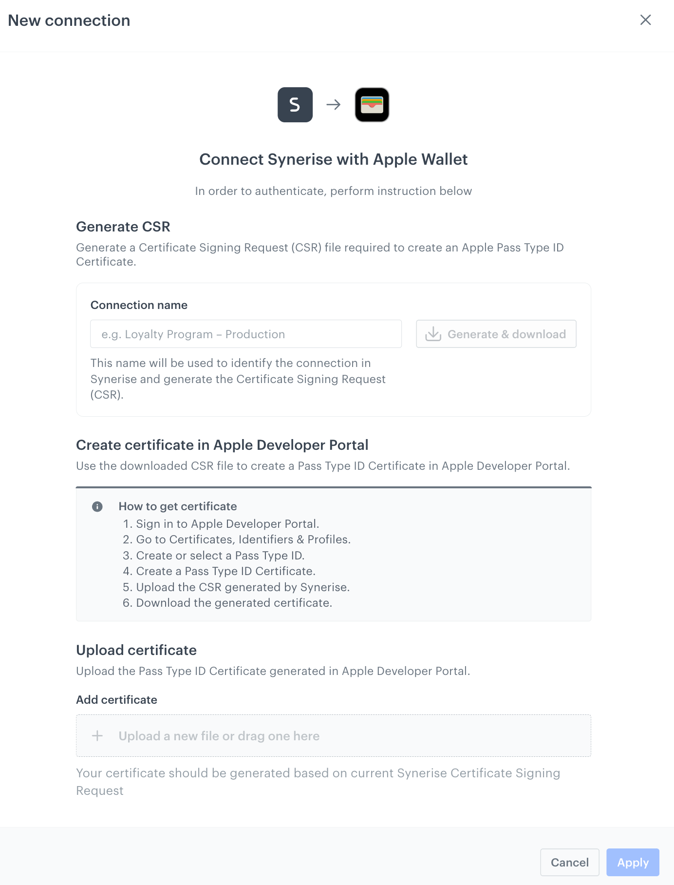 Apple Wallet connection configuration form in Synerise, showing the Connection name field and Generate and download button under Generate CSR, and the certificate upload area below