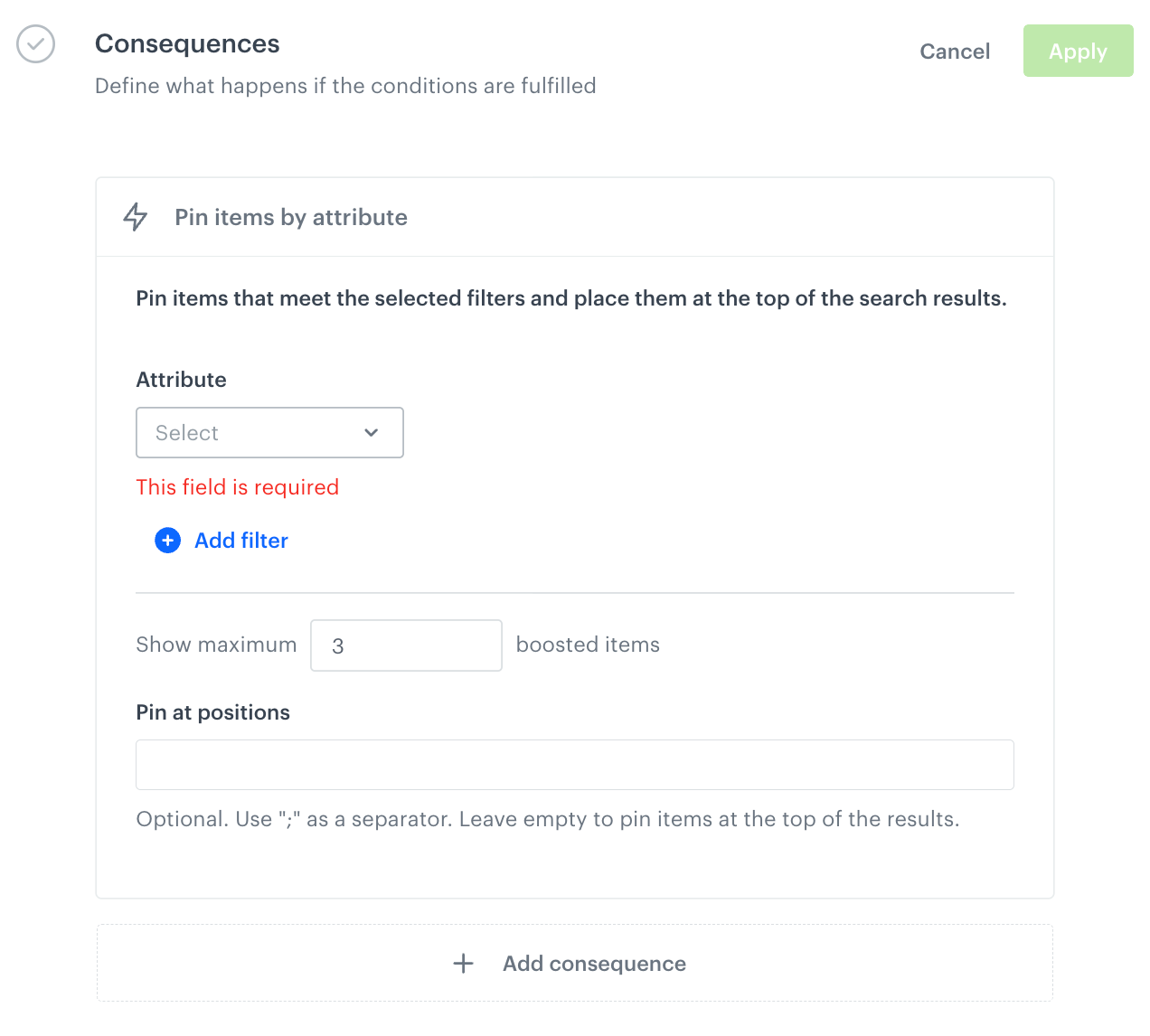 Configuration of the Pin items consequence