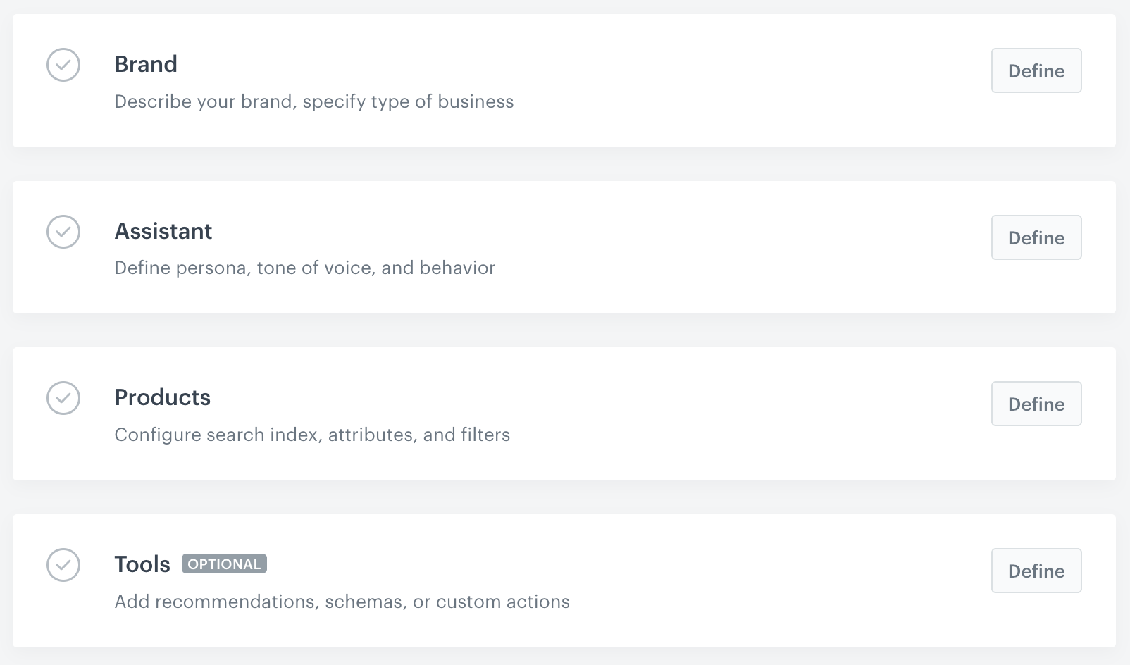 The AI Assistant configuration form with the Brand, Assistant, Products, and Tools sections