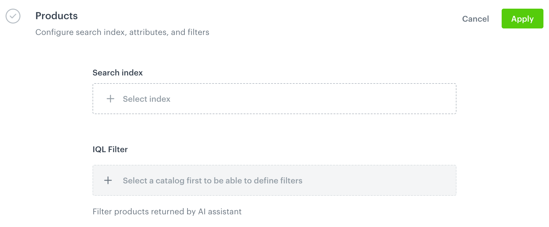 The Products section with Search index and IQL Filter fields